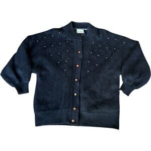 Vtg Sia Bellini black Floral Jeweled Rabbit Hair Wool Blend Cardigan Large